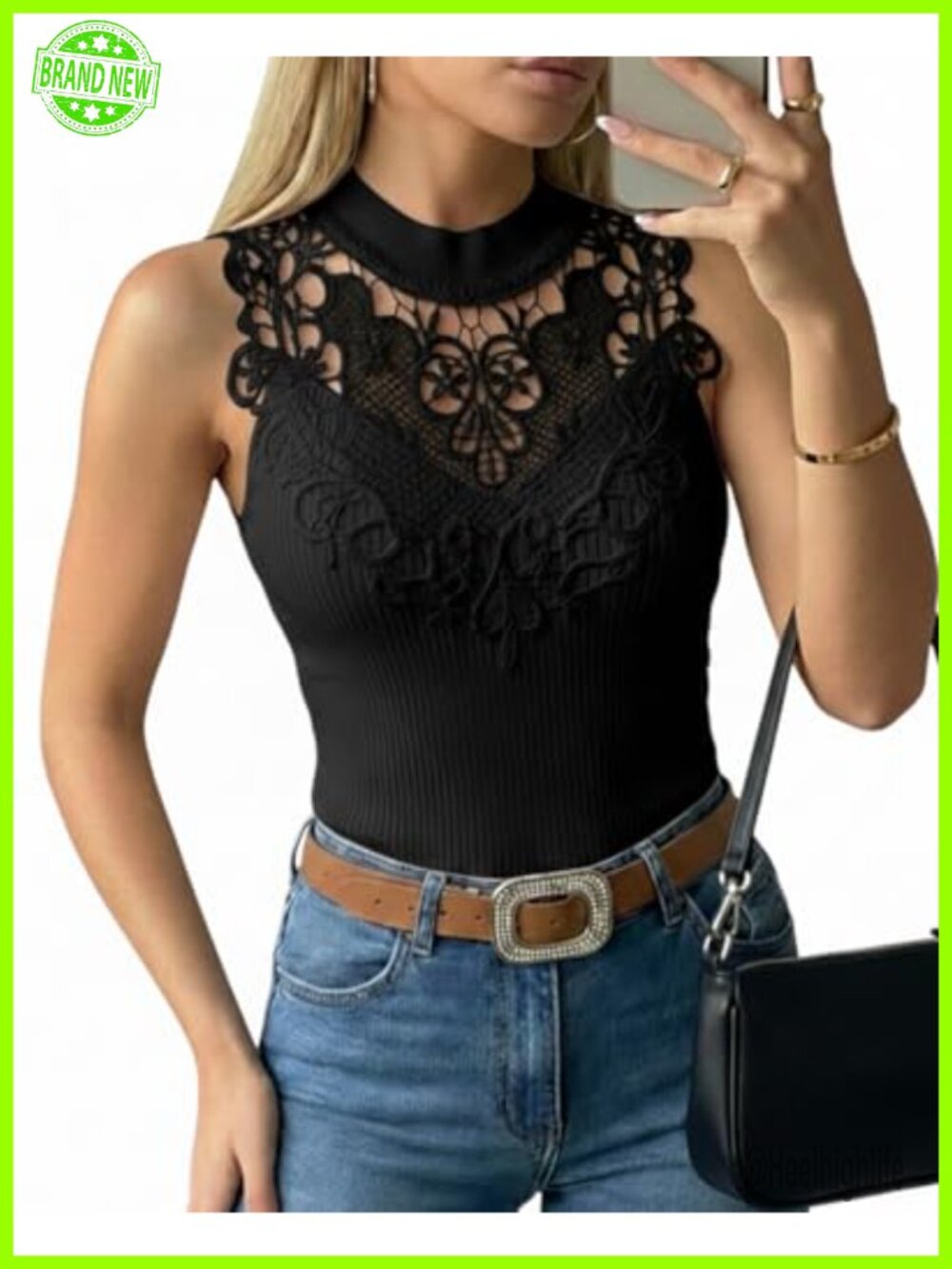 Women's Sleeveless Lace Mock Neck Ribbed Knit Tank Top Fitted Turtleneck Summer